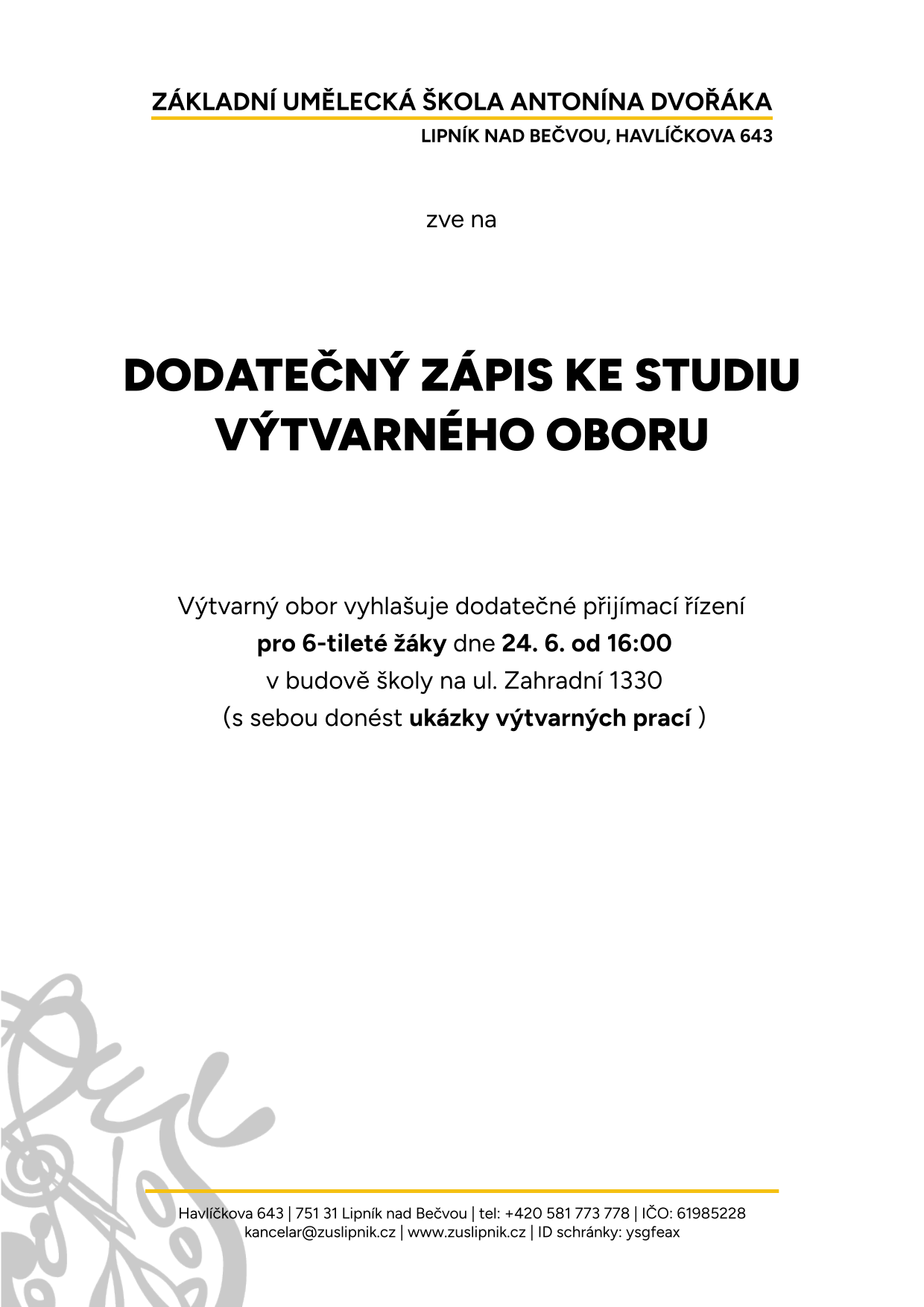 plakát Dodatečný zápis ke studiu výtvarného oboru 2026 v pdf