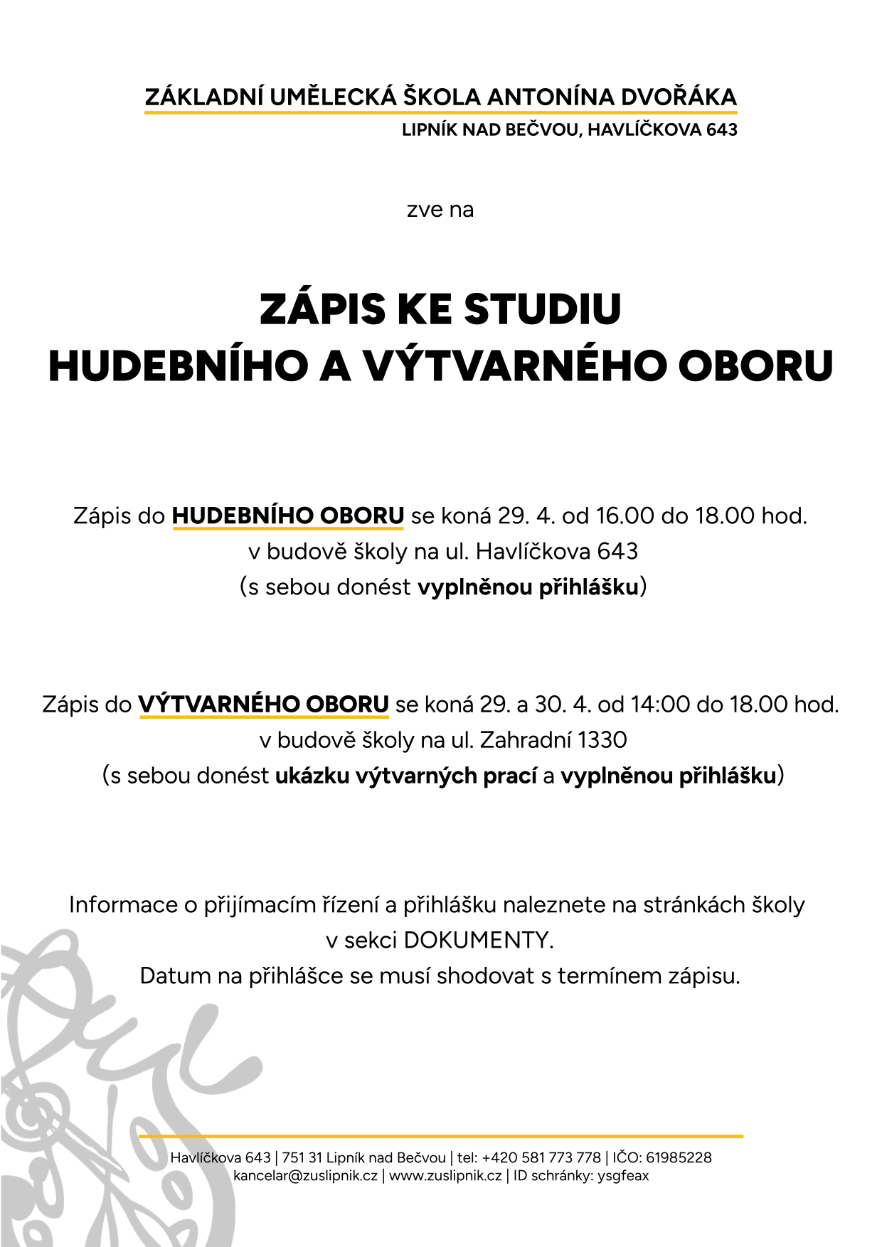 plakát Zápis ke studiu hudebního a výtvarného oboru 2025 v pdf
